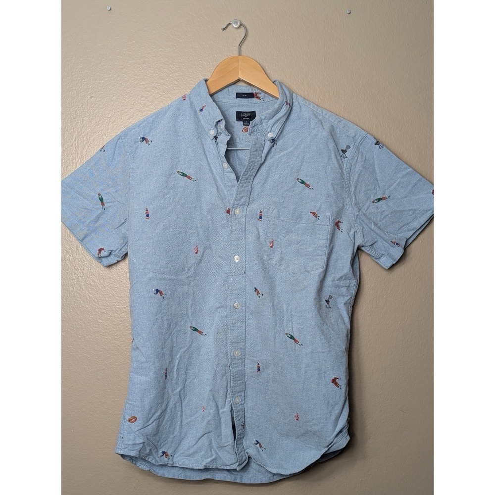 J.Crew Oxford Slim Mens Medium Blue Short Sleeve Rugby Print Theme Button Shirt